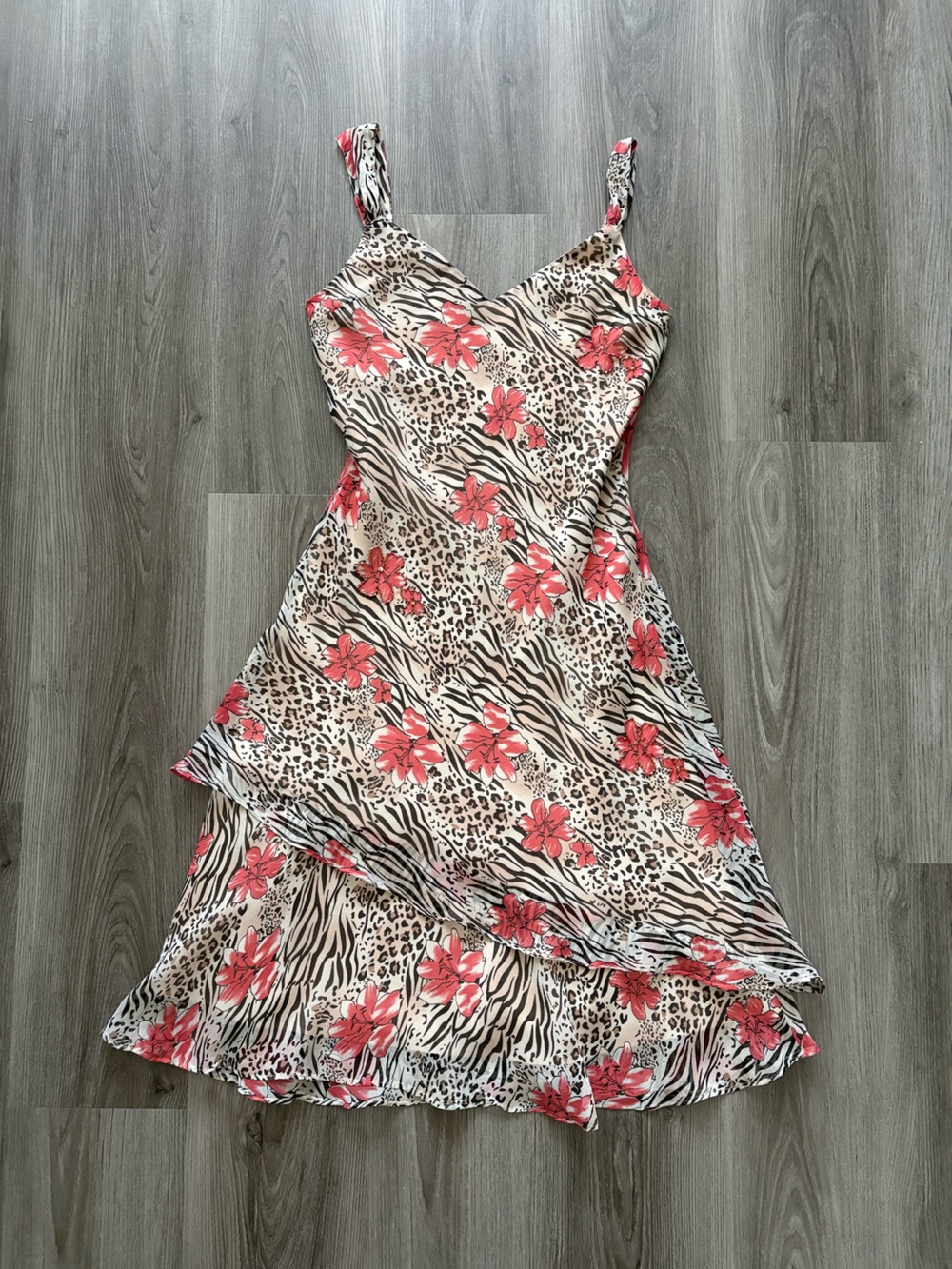 Asymmetrical Floral & Animal Print Slip Dress in Cream and Coral